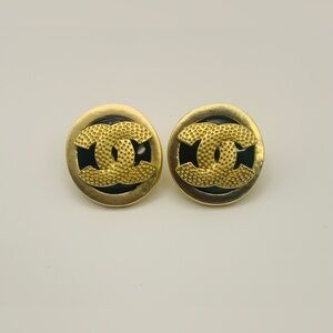 CHANEL CC Logo Gold Button Stud Earrings, (Stamped)